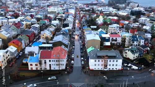 Reykjavik downtown aerial, Iceland in winter time, view from Hallgrimskirkja