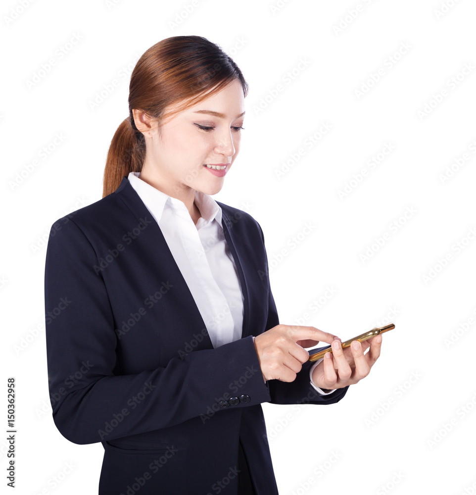 business woman using smart phone isolated on white