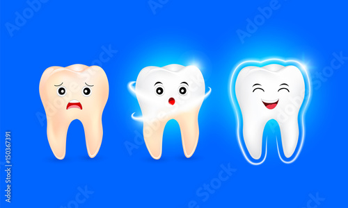 Set of  clean and dirty tooth character on blue background, clearing tooth process. Teeth Whitening. Dental health Concept. Oral Care, teeth restoration. Yellow and white teeth.