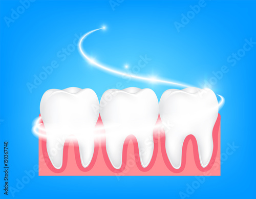 Whitening of human tooth. Deep cleaning, clearing tooth process. Dental health concept. Oral Care, teeth restoration. illustration on blue background.