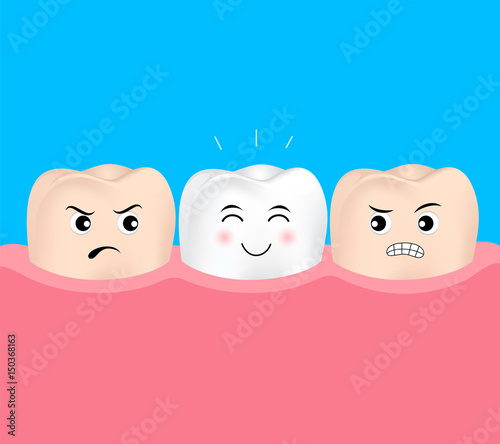 Dental veneers tooth character.  Before and After, whitening oral care concept. Deep cleaning, clearing tooth process.  illustration on blue background.