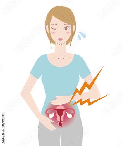 period pain. reproductive organs of a woman. female genitalia.