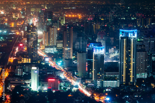Bangkok Skyline at night, aerial view of capital in Thailand.