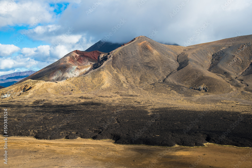 The volcanic landscape of lava flow erupted from the Red crater in Tongariro national park of New Zealand.