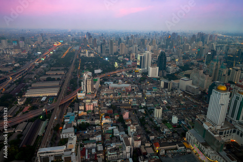 Twilight Bangkok Skyline, aerial view of capital in Thailand.