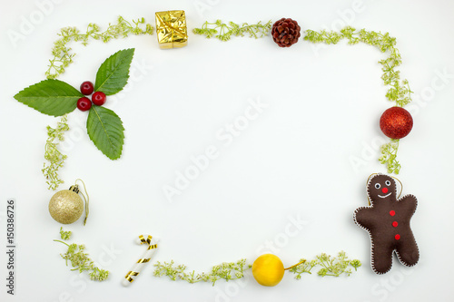  frame with Christmas decorations on white background. flat lay. Christmas concept.
