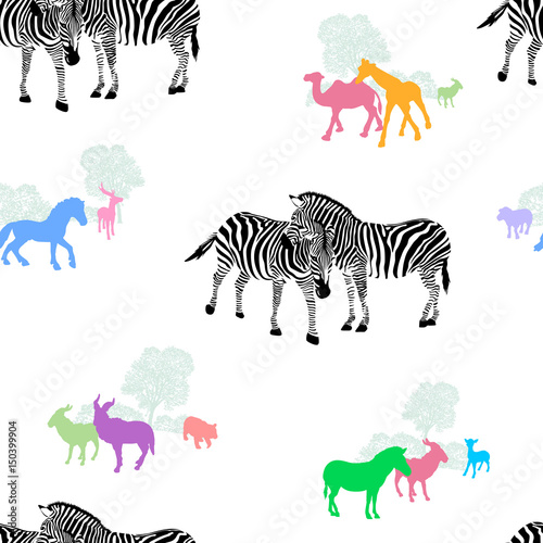 Zebra couple with colorful silhouette animals. Wild life animals. Seamless pattern. Vector illustration isolated on white background. © wowow
