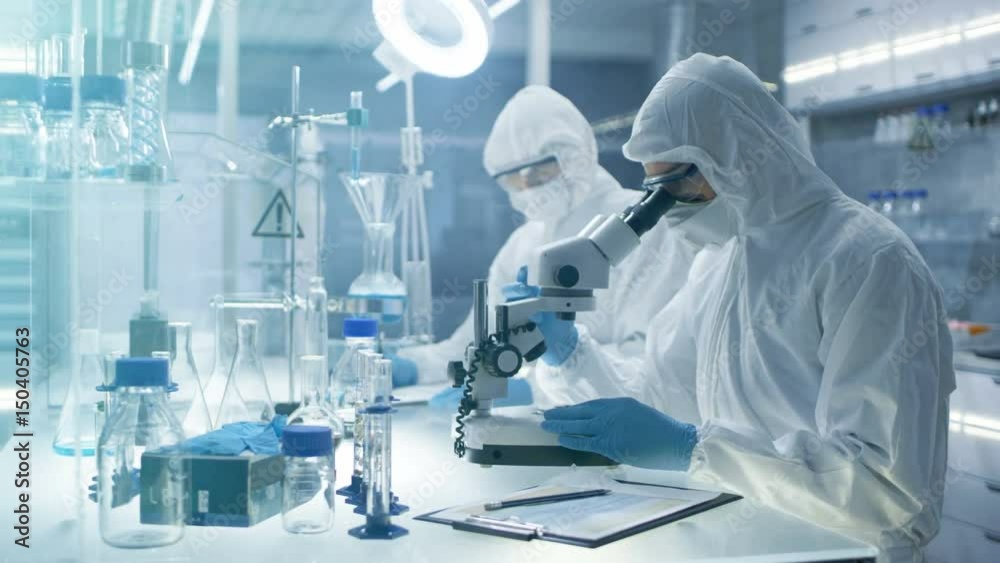 In a Secure High Level Laboratory Scientists in a Coverall Conducting a Research. Chemist Adjusts Samples in a Petri Dish with Pincers and then Examines Them Under Microscope. In a Secure High Level Laboratory Scientists in a Coverall Conducting a Research. Chemist Adjusts Samples in a Petri Dish with Pincers and then Examines Them Under Microscope.
