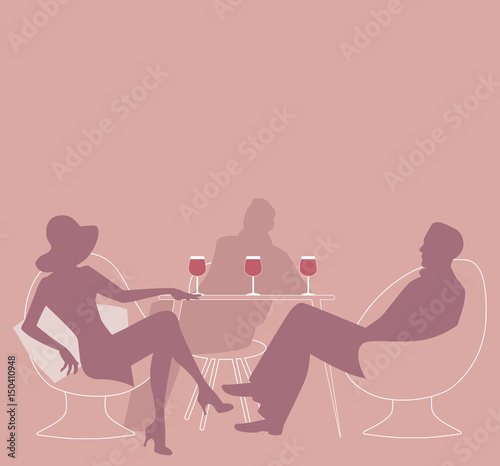 Silhouettes of group of three drinking red wine. Vector Illustration