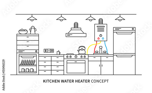 Kitchen water heater geyser vector illustration. Kitchen interior with domestic boiler graphic design.

