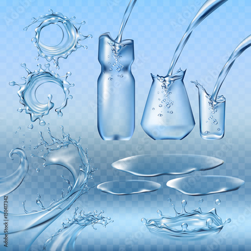Set vector illustrations water splashes and flows, streams of various shapes, water pouring into a bottle, a jug, a glass. Design elements