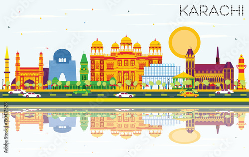 Karachi Skyline with Color Landmarks, Blue Sky and Reflections.