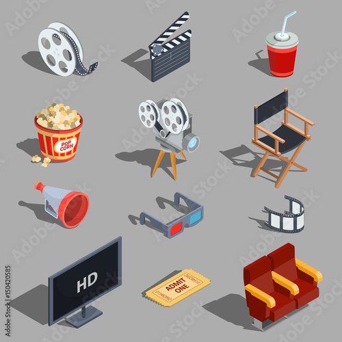 Vector set of isometric illustrations making movies and watching a movie in the cinema. Design elements