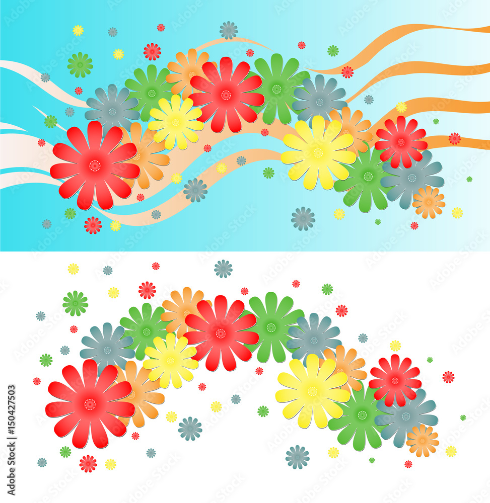 Obraz premium Bright background of multi-colored flowers and ribbons.