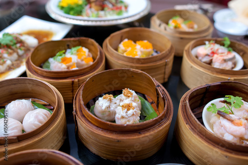 yumcha, dim sum in bamboo steamer, chinese cuisine