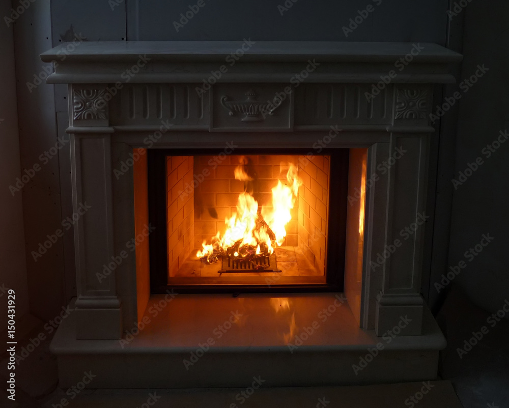 Close up of burning fireplace at home