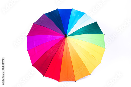 Rainbow umbrella on white background.