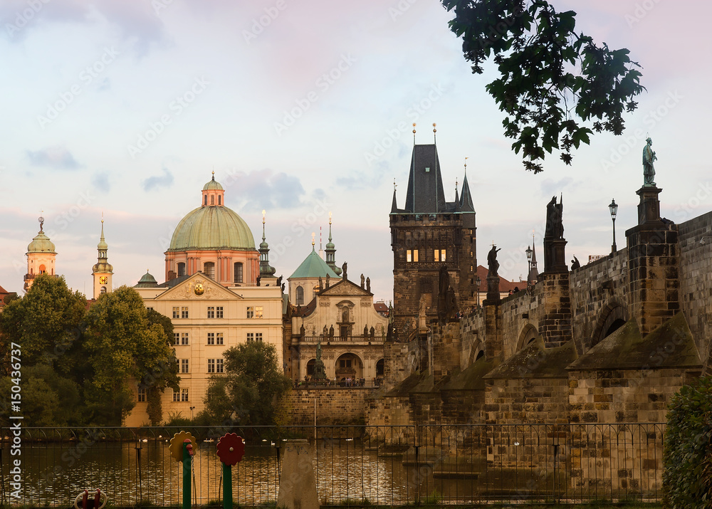 View of Vltava river, Charles Bridge, Bridge Tower, Karlova Street, Klementinum, St Salvator Church
