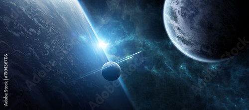 Sunrise over distant planet system in space 3D rendering elements of this image furnished by NASA