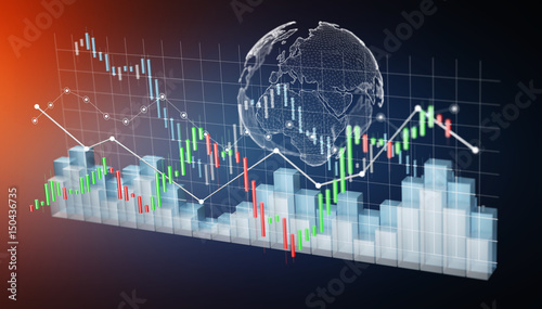 Digital 3D rendered stock exchange stats and charts