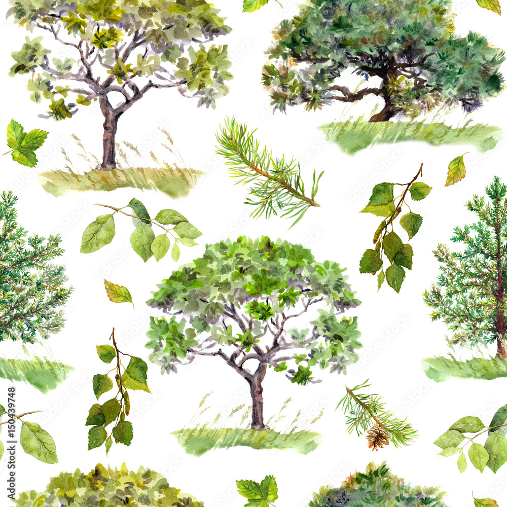 Obraz premium Green trees. Park, forest pattern. Repeating background. Watercolor