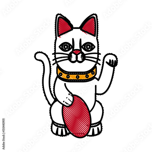 drawing maneki-neko cat sitting lucky japanese culture vector illustration