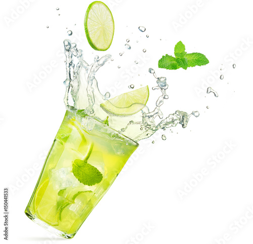 lime and mint falling into a splashing mojito 
