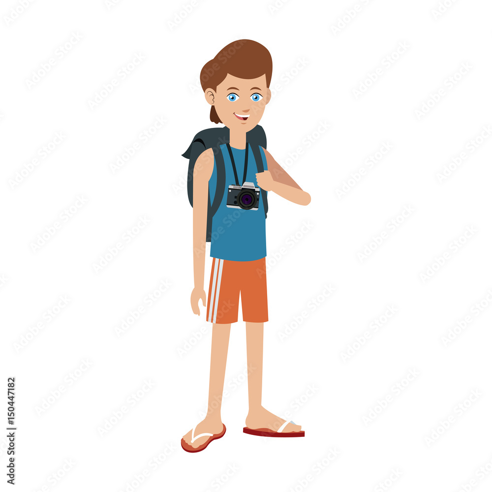 young boy travel toruism package camera photo vector illustration