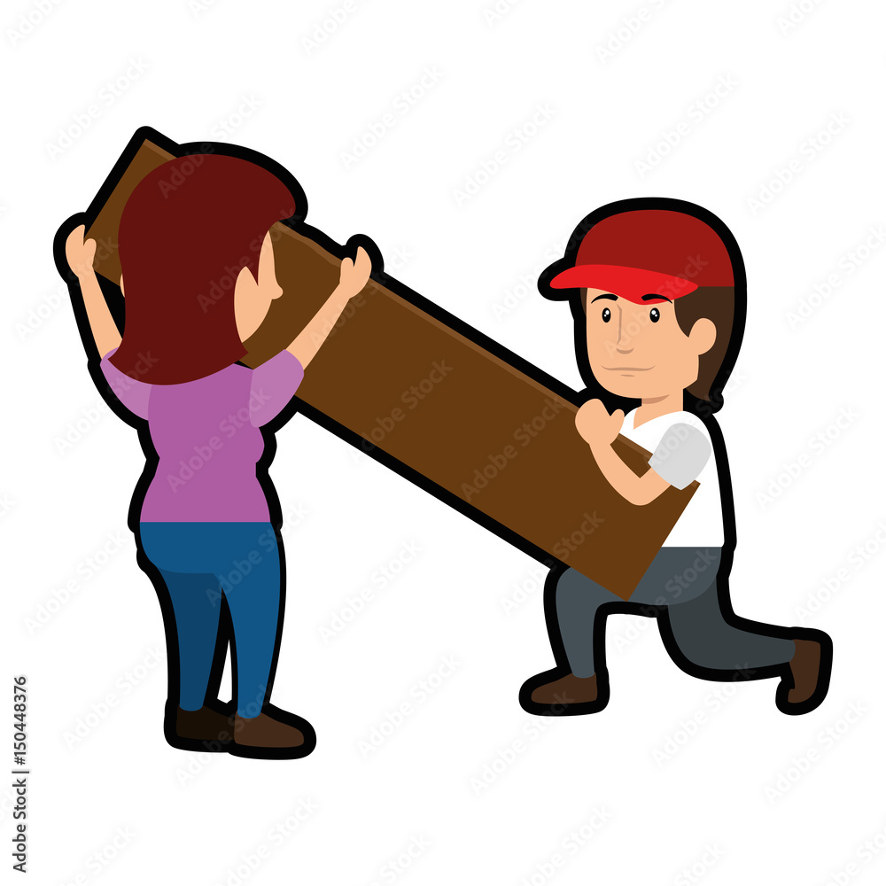 Fototapeta premium construction workers with wooden plank icon over white background. colorful design. vector illustration