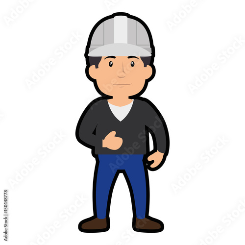 construction worker standing with safety helmet, cartoon icon over white background. colorful design. vector illustration © Gstudio