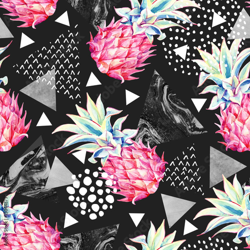 Watercolor pineapple and textured triangles seamless pattern.