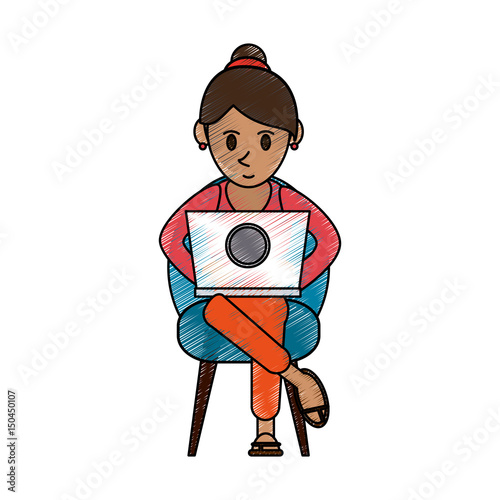 color pencil cartoon woman sitting in chair with laptop vector illustration