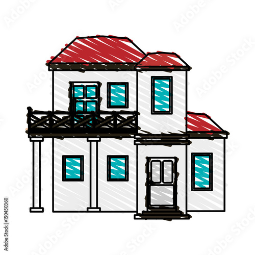 color crayon stripe cartoon facade modern house style with two floor and balcony vector illustration