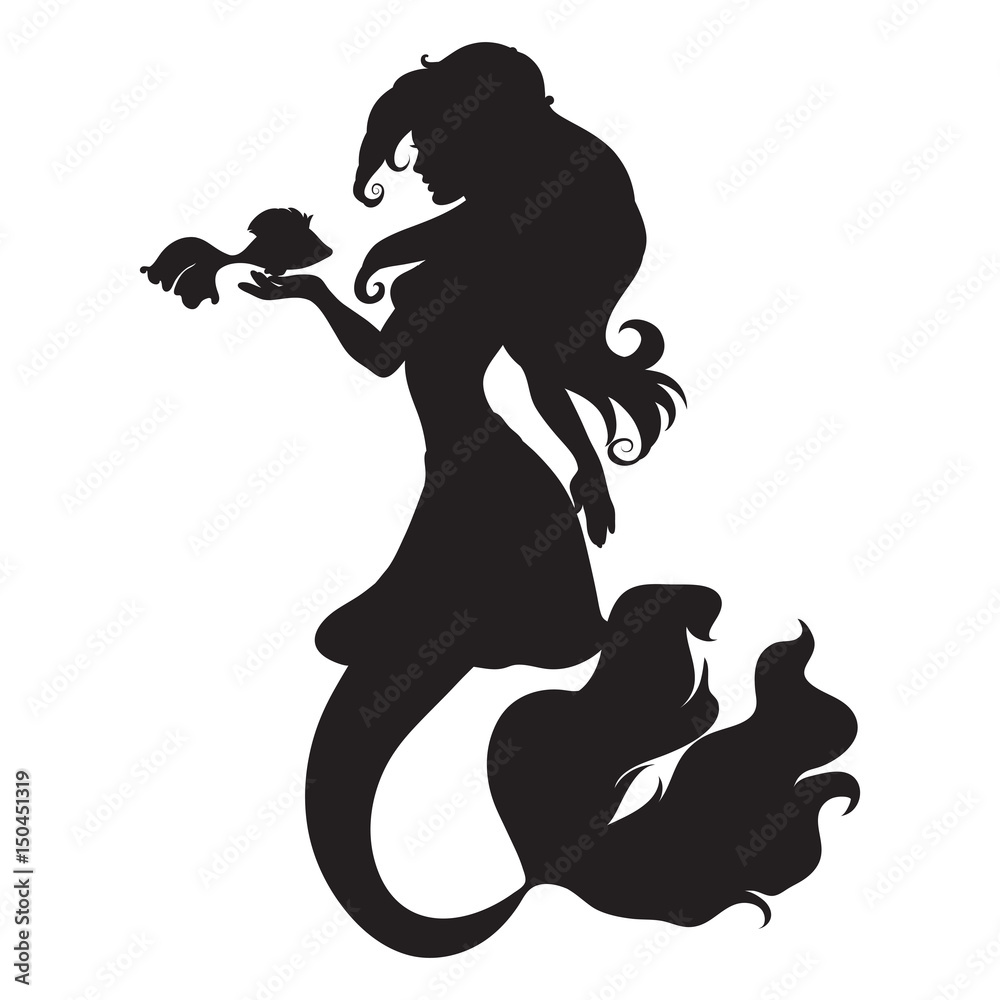 Mermaid silhouette, which holds the little fish in her hands Mermaid silhouette, which holds the little fish in her hands