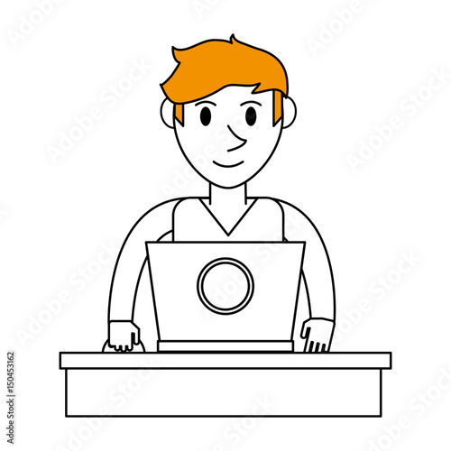 color silhouette cartoon front view half body guy with laptop computer vector illustration photo