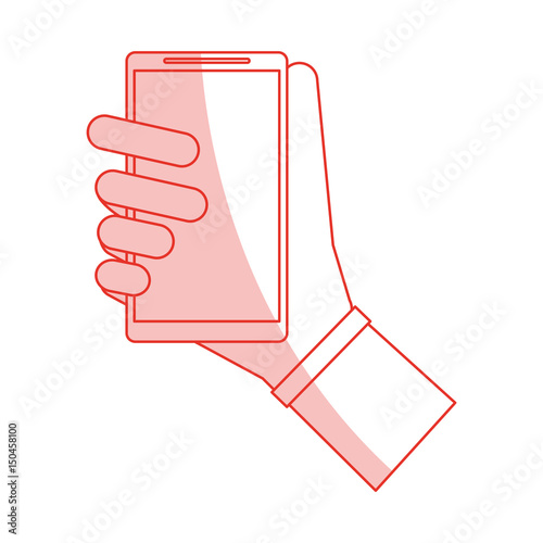 red shading silhouette cartoon hand holding smartphone device vector illustration