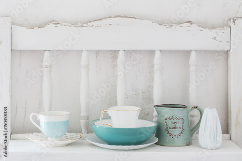 Wallpaper Mural  dinnerware on white wooden shelf Torontodigital.ca