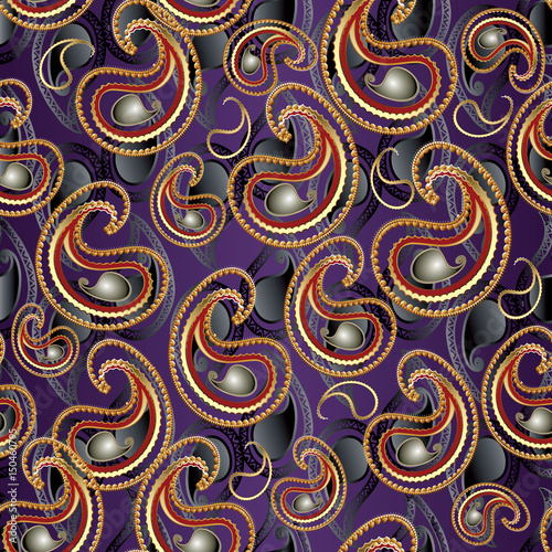 Floral paisley seamless pattern. Flourish vector violet background with abstract gold 3d paisley flowers and vintage oriental ornaments. Vector paisley pattern texture for fabric, textile, prints