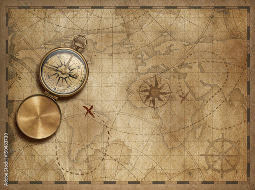 adventure and explore with old nautical world map 3d illustration (map elements are furnished by NASA)