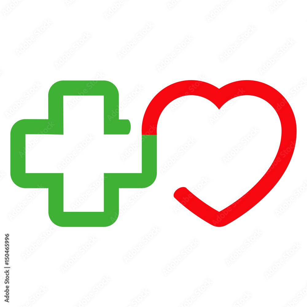 Icono plano lineal cruz verde y corazon rojo en fondo blanco Icono plano lineal cruz verde y corazon rojo en fondo blanco