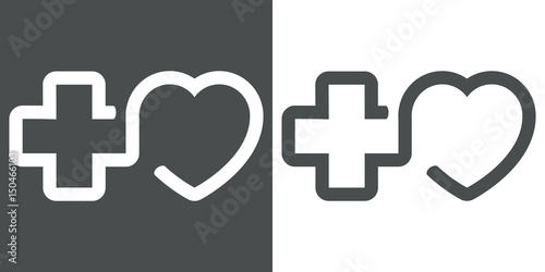 Icono plano lineal cruz y corazon gris y blanco
