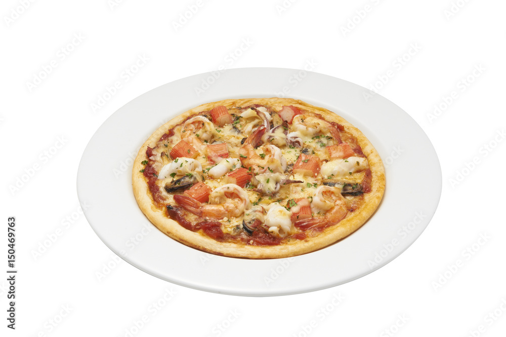 Isolate and clipping path of pizza with seafood. Isolate and clipping path of pizza with seafood.