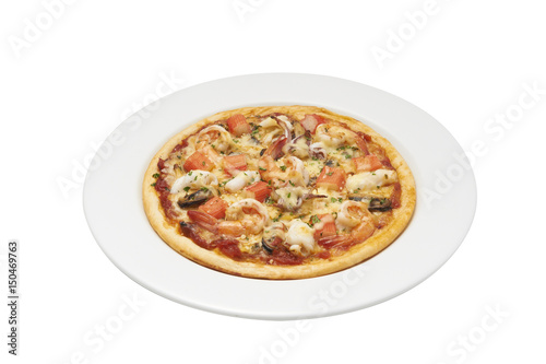 Isolate and clipping path of pizza with seafood.