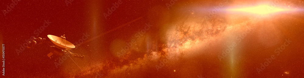 Obraz premium Voyager spacecraft in front of the Milky Way galaxy and a bright star in deep space 