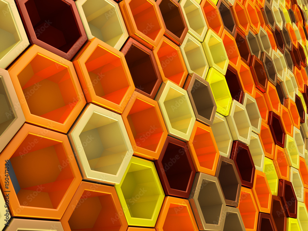 A network of hexagons yellow hue, which change height. 3D render. A network of hexagons yellow hue, which change height. 3D render.