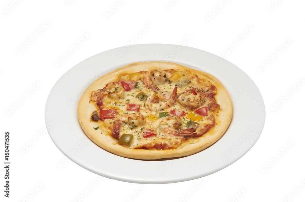 Isolate and clipping path of pizza with shrimp. Isolate and clipping path of pizza with shrimp.