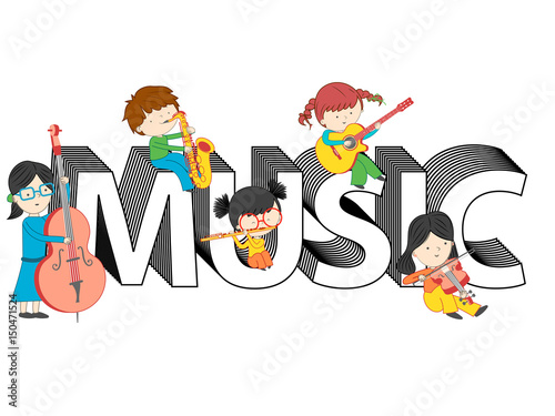 Children and kids playing and sitting on music text vector illustration isolated on white background