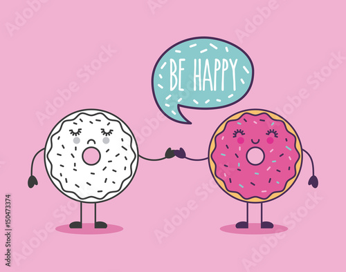 happy donut holding hand be happy lettering girly icon image vector illustration design 