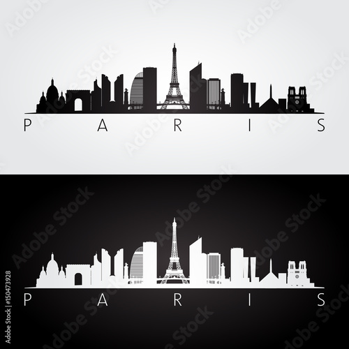 Paris skyline and landmarks silhouette, black and white design.