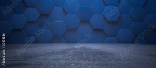 Dark Blue Interior with Hexagonal Tile Wall and Concrete Floor (3d Illustration)